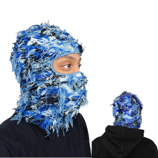 Blue White Distressed Balaclava Ski Mask , Full Face Knitted Balaclava