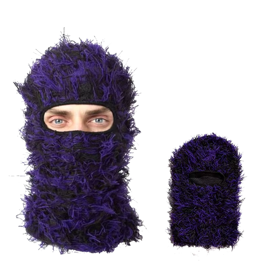 Black Purple Distressed Balaclava Ski Mask , Full Face Knitted Balaclava