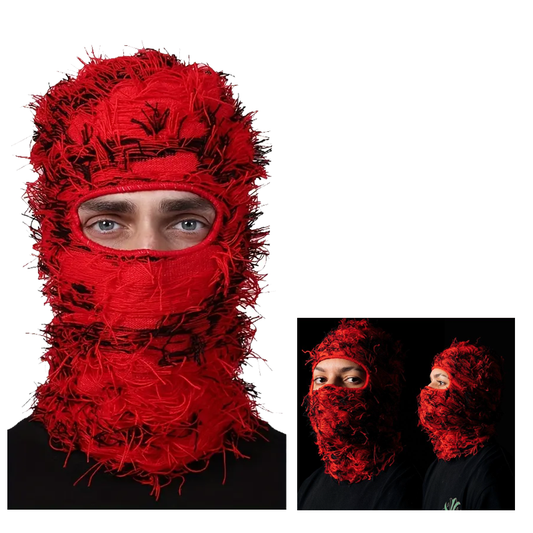 Black Red Distressed Balaclava Ski Mask , Full Face Knitted Balaclava