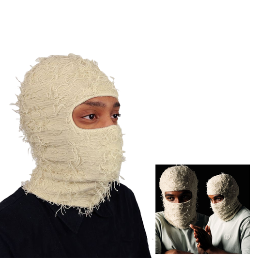 beige Distressed Balaclava Ski Mask , Full Face Knitted Balaclava